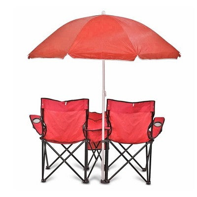  GoTeam Double Folding Camping Chair Set With Shade Umbrella, Cooler, And Carrying Bag For Camping, Beach Lounging, Tailgating, And More, Red
