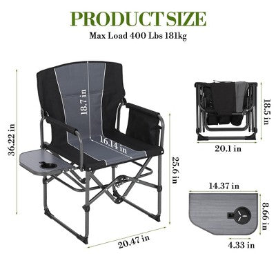  Camping Directors Chair, Oversized Portable Folding Chair With Side Table, Pocket For Beach, Fishing, Trip, Picnic, Lawn