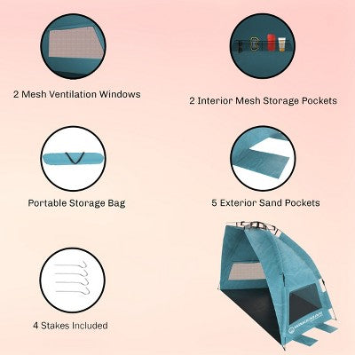  Leisure Sports Pop-Up Beach Tent With UV Protection, Mesh Windows, And Carry Bag - Turquoise