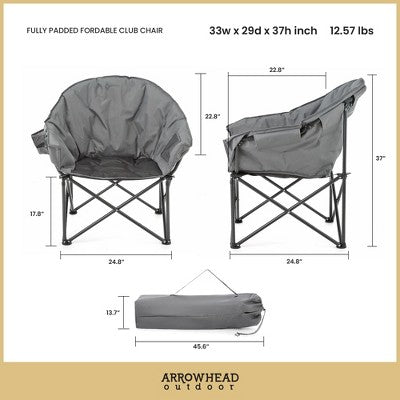  Arrowhead Outdoor Oversized Heavy-Duty Club Folding Camping Chair W/External Pocket, Cup Holder, Portable, Padded, Moon, Round, Bag (Granite Grey)