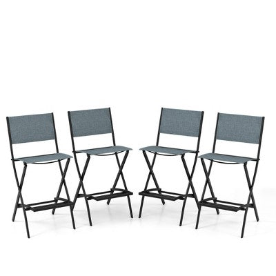  Costway Set Of 4 Outdoor Bar Chair Folding Bar Height Stool With Metal Frame Blue/Coffee