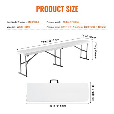  VEVOR Plastic Folding Bench, 6 FT Portable Folding Bench, Smooth HDPE Waterproof Outdoor Bench, Picnic Camping Dining Seat With Carrying Handle