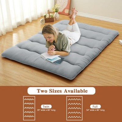  Full Size Japanese Futon Mattress - Foldable Floor Sleeping Pad For Adults, Tatami Mat, Camping Mattress Pad, Wave Grey Design