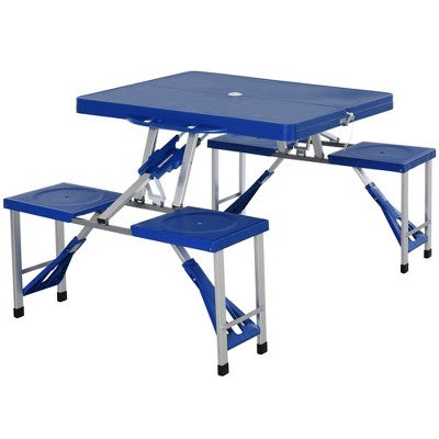  Outsunny Portable Foldable Camping Picnic Table Set With Four Chairs And Umbrella Hole, 4-Seats Aluminum Fold Up Travel Picnic Table