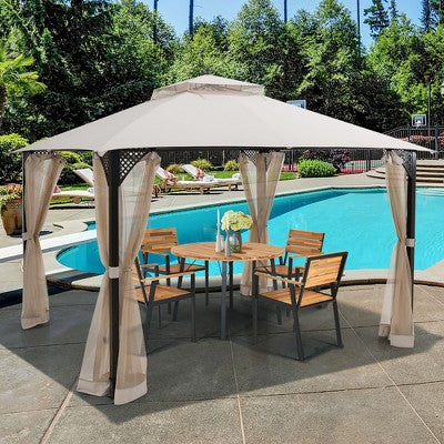  Costway 12' X 10' Outdoor Patio Gazebo Canopy Shelter Double Top Sidewalls Netting Brown\ Beige