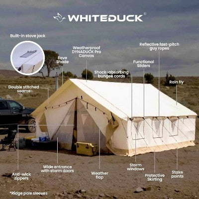  White Duck Alpha Canvas Wall Tent With Stove Jack & Frame, 4-Season Water Repellent Camping Tent, DYNA DUCK Fabric