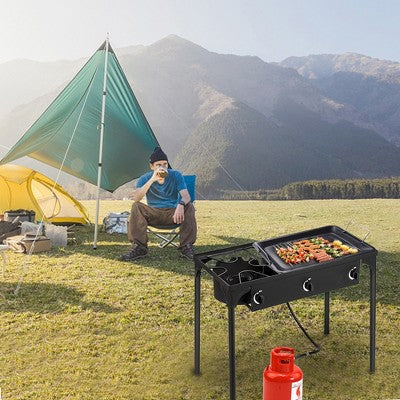  KTMBDW Outdoor Camp Stove High Pressure Propane Gas Cooker Portable Cast Iron Patio Cooking Burner (Three Burner 225000-BTU), Black
