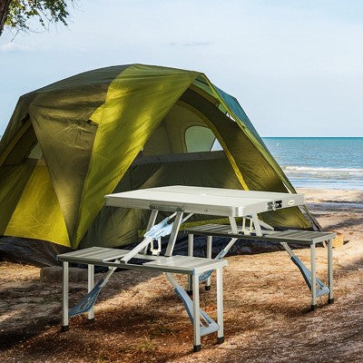  Outsunny Folding Aluminum Picnic Table Chair Set, 4-Seat Outdoor Furniture With Portable Suitcase, Umbrella Hole, Handle For Camping Dining BBQ