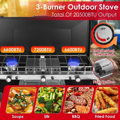  KTMBDW 3-Burner Propane Camping Stove 20000 BTUs, Portable Camp Stove With 3 Adjustable Burners And Push-Button Instant Ignition, Black