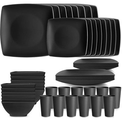  Itopfox 48-Piece Kitchen Plastic Wheat Straw Square Dinnerware Set For 12, Unbreakable Plates, Bowls, Tumblers, Dishwasher Safe, Outdoor Camping Dish