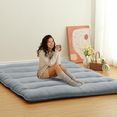  Full Size Japanese Futon Mattress - Foldable Floor Sleeping Pad For Adults, Tatami Mat, Camping Mattress Pad, Wave Grey Design