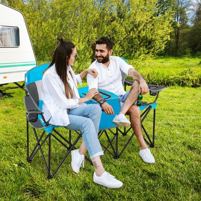  Gymax Double Folding Camping Chairs W/ Carrying Bag Outdoor 2-Seat Picnic Chair W/ Adjustable & Detachable Canopy Portable & Foldable Loveseat