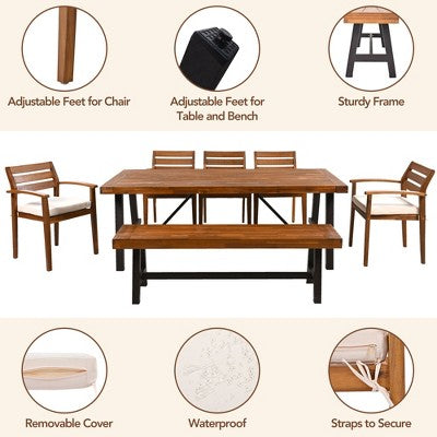  GO Outdoor Wood Dining Set For 7-8 Person, Outdoor Dining Furniture With Removable Cushions, Ergonomic Chairs And Bench, Thicker Table, Nature