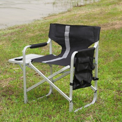  Airsurfer 1-Piece Padded Folding Directors Chair With Side Table & Storage Pockets, Oversized Lightweight Chair For Camping, Fishing, Black/Grey