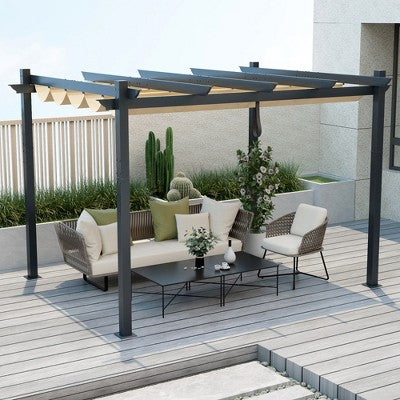  Costway 10x12ft Outdoor Aluminum Retractable Pergola Canopy Shelter Grape Trellis Beige/Gray
