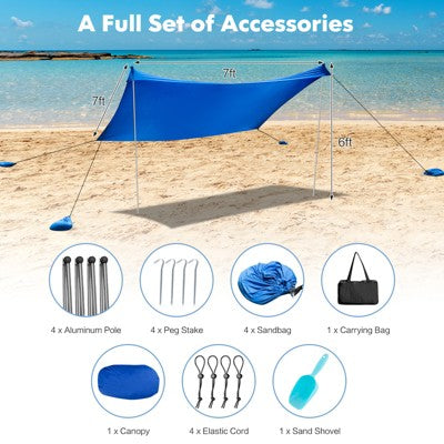  Tangkula 7'x7' Beach Tent Canopy W/ 4 Poles Sandbag Anchors UPF50+ Blue/Green/Purple