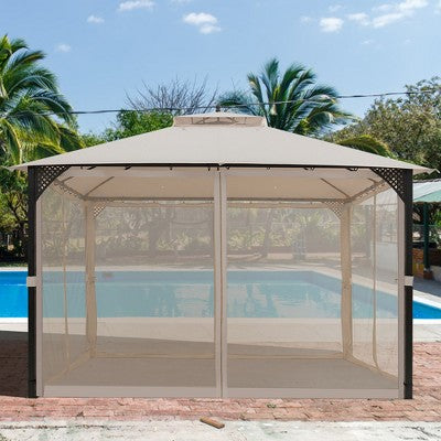  Costway 12' X 10' Outdoor Patio Gazebo Canopy Shelter Double Top Sidewalls Netting Brown\ Beige