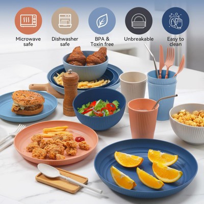  Itopfox 64-Piece Wheat Straw Dinnerware Set - Unbreakable, Reusable Plates, Bowls, Cups & Utensils, Microwave & Dishwasher Safe, Perfect For Home