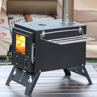  Fortune Candy 1 Set Folding Portable Wood Burning Tent Stove With Cooking Surface, Pipes And Spark Arrestor, For Camping, Hiking, Outdoor Courtyard