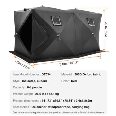  VEVOR Portable Ice Shelter, 6-8 Person Pop-Up Ice Fishing Tent, 70 Square Feet Fishable Area, Ice Shanty For Winter Fishing