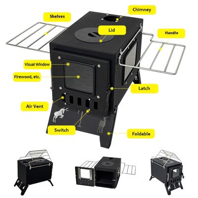  Fortune Candy 1 Set Folding Portable Wood Burning Tent Stove With Cooking Surface, Pipes And Spark Arrestor, For Camping, Hiking, Outdoor Courtyard