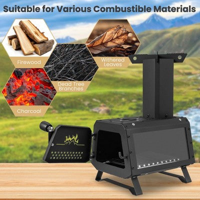  Costway Portable Wood Burning Stove Wood Camping Stove Heater With 2 Cooking Positions Patented