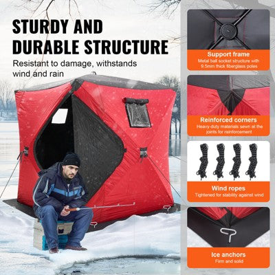  VEVOR Portable Ice Shelter, 3-4 Person Insulated Pop-Up Ice Fishing Tent, 35 Square Feet Fishable Area, Thermal Ice Shanty For Winter Fishing