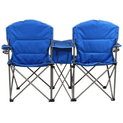  Kamp-Rite Portable 2 Person Double Folding Collapsible Padded Outdoor Lawn Beach Chair With Cooler For Camping Gear, Tailgating, & Sports, 2-Tone Blue
