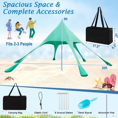  Tangkula 20 X 20 FT Beach Tent Beach Canopy W/ UPF50+ Sun Protection Carrying Bag & Sand Shovel Aluminum Pole & 6 Ground Stakes Blue/Green