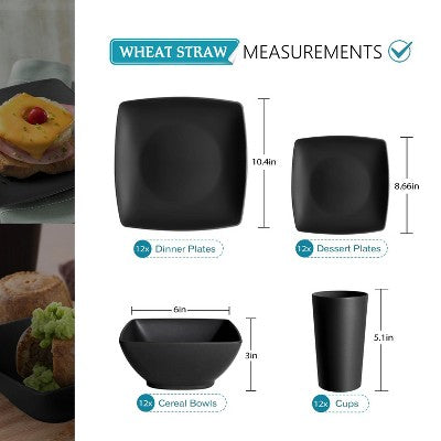  Itopfox 48-Piece Kitchen Plastic Wheat Straw Square Dinnerware Set For 12, Unbreakable Plates, Bowls, Tumblers, Dishwasher Safe, Outdoor Camping Dish