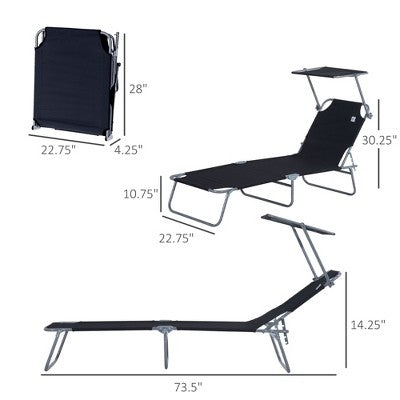  PAGED Folding Chaise Lounge Pool Chairs Adjustable Camping Chair With Canopy Shade Steel Frame And Side Pocket For Porch, Camping, Patio