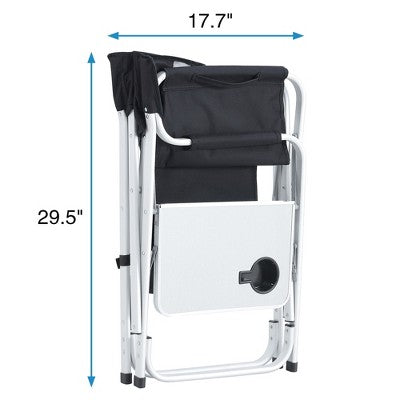  Airsurfer 1-Piece Padded Folding Directors Chair With Side Table & Storage Pockets, Oversized Lightweight Chair For Camping, Fishing, Black/Grey