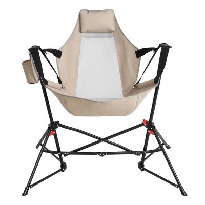  Camping Chair, Folding Portable Rocking Chair,Adjustable Back Swinging Chair With Pillow Cup Holder,Recliner With Carry Bag For Outdoor Travel , KHAKI