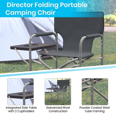  Emma And Oliver Canvas Folding Director's Chair With Accent Trim, Steel Tube Frame-Integrated Folding Side Table With Cupholders