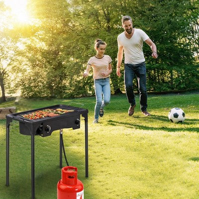  KTMBDW Outdoor Camp Stove High Pressure Propane Gas Cooker Portable Cast Iron Patio Cooking Burner (Double Burner 150000-BTU), Black