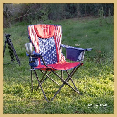  Arrowhead Outdoor Portable Folding Camping Quad Chair W/ 6-Can Cooler, Heavy-Duty Carrying Bag, Supports Up To 450lbs (American Flag)