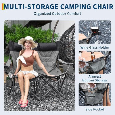  Oversized Double Folding Camping Chair,Heavy Duty Outdoor Padded Portable Chair For 2 Person With Cup Holder
