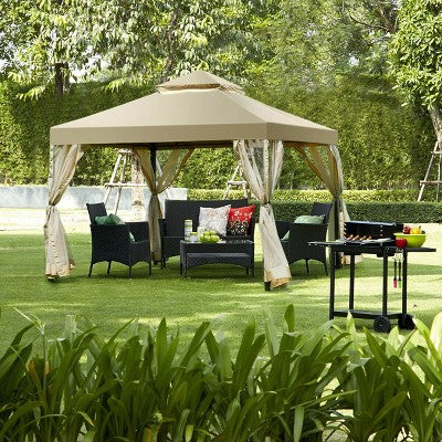  Costway Outdoor 2-Tier 10'x10' Gazebo Canopy Shelter Awning Tent Patio Garden Screw-free Structure Brown