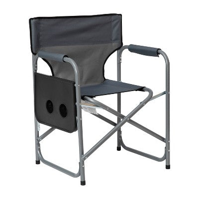  Emma And Oliver Canvas Folding Director's Chair With Accent Trim, Steel Tube Frame-Integrated Folding Side Table With Cupholders
