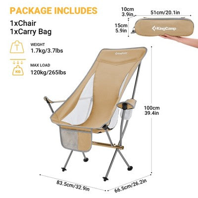  KingCamp Lightweight Padded Highback Folding Lounge Chair With Cupholder, Side Storage Pocket, And Carry Bag For Indoor Or Outdoors, Khaki