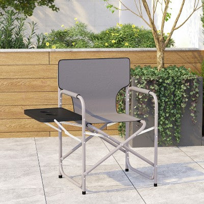  Emma And Oliver Canvas Folding Director's Chair With Accent Trim, Steel Tube Frame-Integrated Folding Side Table With Cupholders