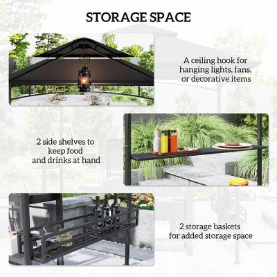  Aghana Digitals Dark Gray 2-Tier BBQ Grill Gazebo With 2 Side Shelves, Storage Baskets, Ceiling