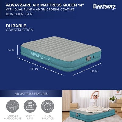  Bestway AlwayzAire 14" Inflatable Air Mattress 2 Person Queen-Sized Indoor Bed With Rechargeable USB Electric Built-In Pump, Gray