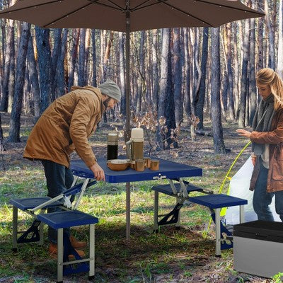  Outsunny Portable Foldable Camping Picnic Table Set With Four Chairs And Umbrella Hole, 4-Seats Aluminum Fold Up Travel Picnic Table