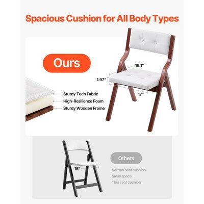  VEVOR Wooden Folding Chairs With Cushion, Set Of 2, Portable Foldable Cushion Chair With Wooden Frame, Modern Padded Dining Chair, White