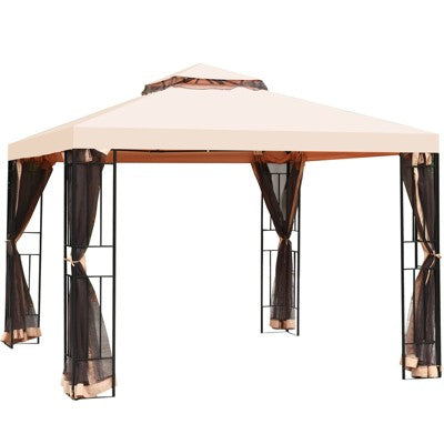  Tangkula 10'x10'Outdoor Canopy Gazebo Art Steel Frame 2-Tiers Party Patio Large Canopy Gazebo W/Netting&Side Walls