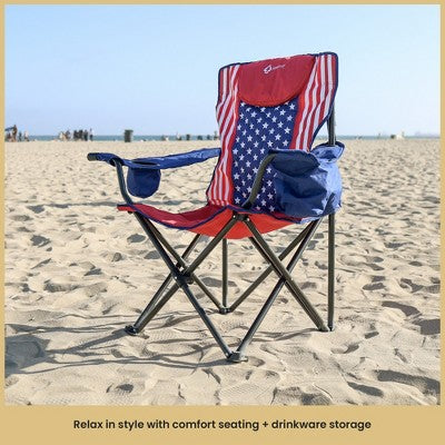  Arrowhead Outdoor Portable Folding Camping Quad Chair W/ 6-Can Cooler, Heavy-Duty Carrying Bag, Supports Up To 450lbs (American Flag)