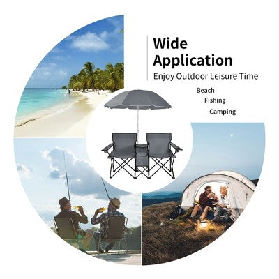  Portable Folding Picnic Double Chair W/Umbrella Table Cooler Beach Camping Turquoise\Black\Red\Gray