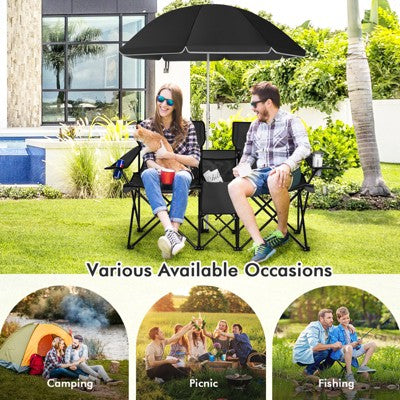  Tangkula Portable Double Camping Chair, Folding Picnic Loveseat W/ Removable Adjustable Umbrella, Side Pocket & Cupholder Red/Gray/Black/Turquoise