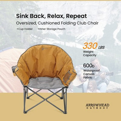  Arrowhead Outdoor Oversized Heavy-Duty Club Folding Camping Chair W/External Pocket, Cup Holder, Portable, Padded, Moon, Round, Bag (Workwear Tan)